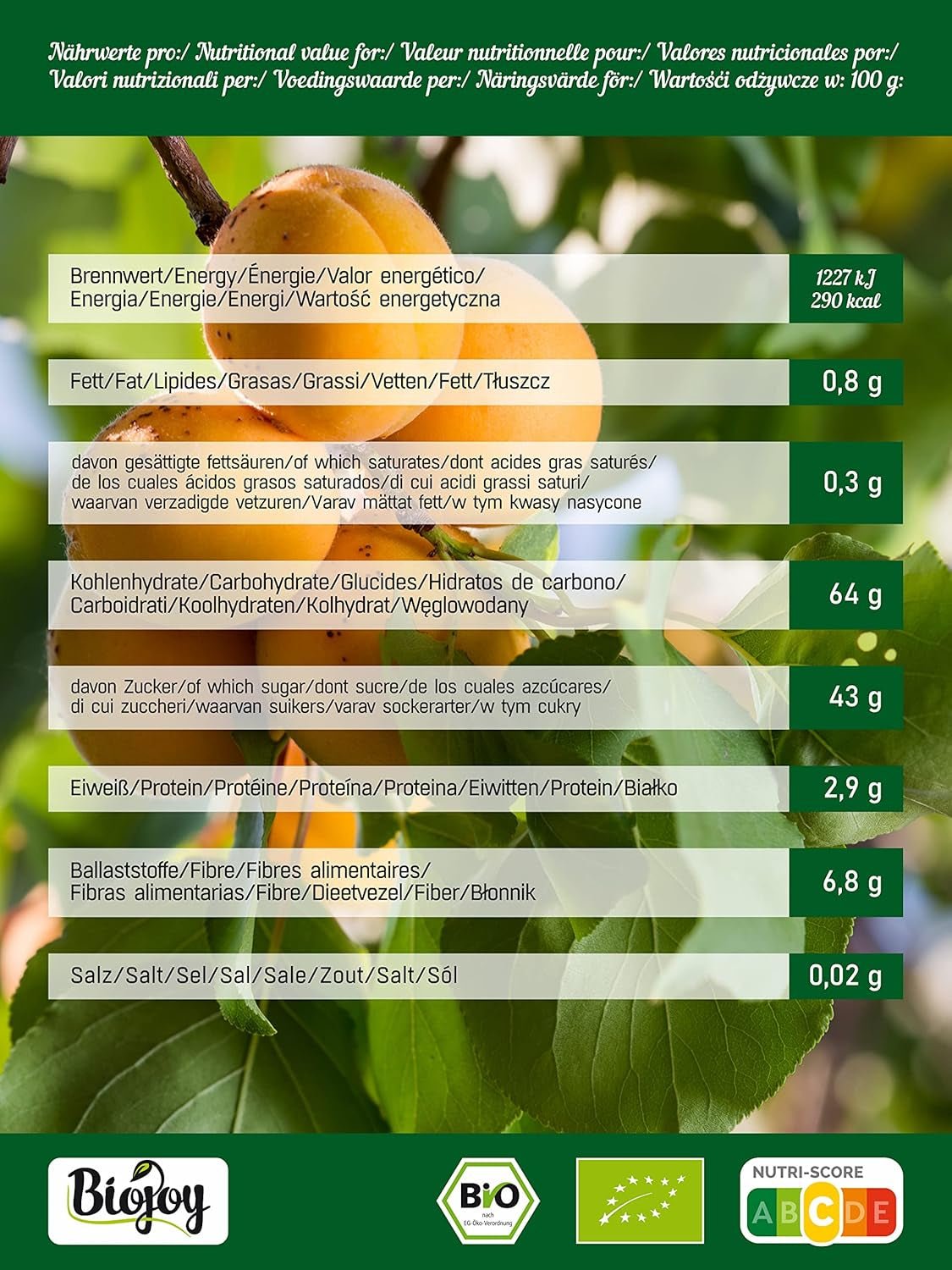 Biojoy tørrede abrikoser (500 g), usvovlede Dehydrerede produkter Min butik