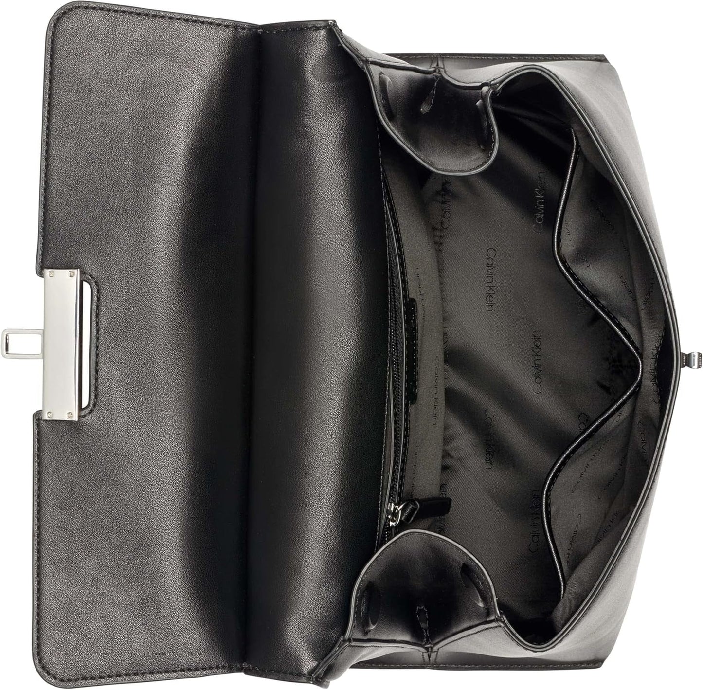 Calvin Klein dametaske med drejelås - 2 i 1, vegansk læder, 3 lommer Becky Turnlock skuldertaske, sort/sølv dametasker Naty Shop