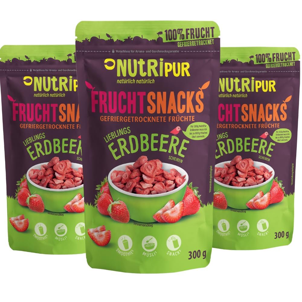 Frysetørrede jordbær 300 g: Usødede tørrede jordbærskiver - rene frugter Frysetørrede jordbær fulde af smag: Frysetørrede bær - NUTRIPUR Tørrede frugter Naty Shop Dehydrerede produkter 300 g (pakke med 3) jordbær