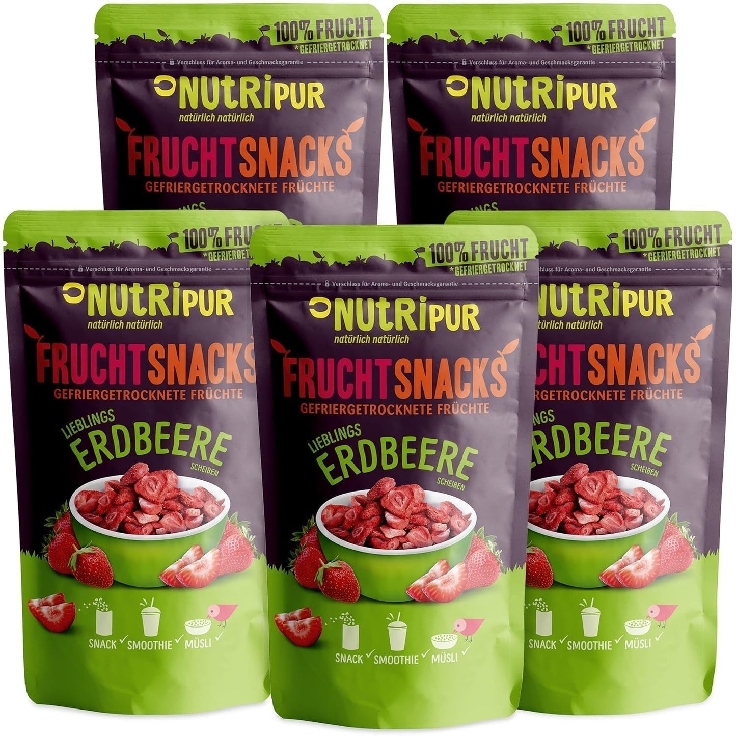 Frysetørrede jordbær 300 g: Usødede tørrede jordbærskiver - Frysetørrede jordbær med ren frugt, fuld af smag: Frysetørrede bær - NUTRIPUR Tørrede frugter Naty Shop Dehydrerede produkter 70G (pakke med 5) jordbær