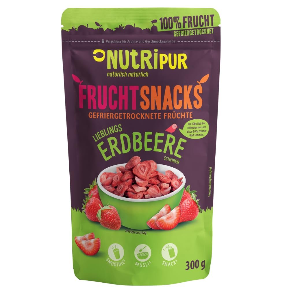 Frysetørrede jordbær 300g: skiver af tørrede usødede jordbær - Frysetørrede jordbær med ren frugt, fuld af smag: frysetørrede bær - Tørrede frugter NUTRIPUR Dehydrerede produkter Naty Shop 300 G (1 pakke) Jordbær