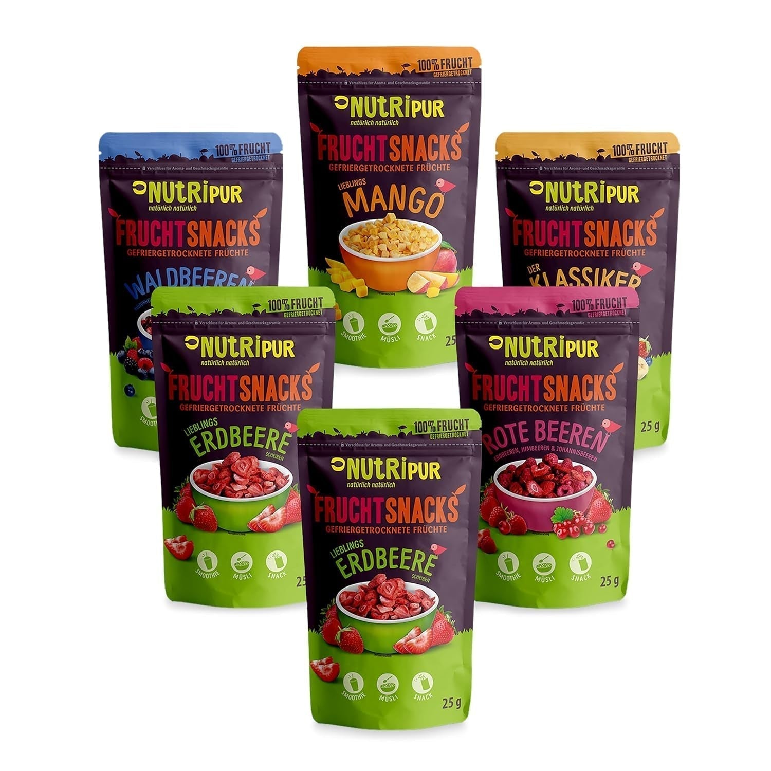 Frysetørrede jordbær 300 g: Usødede tørrede jordbærskiver - Ren frugt Frysetørrede jordbær fulde af smag: Frysetørrede bær - NUTRIPUR Tørrede frugter Naty Shop Dehydrerede produkter 25 G (pakke med 6) Frugtblanding