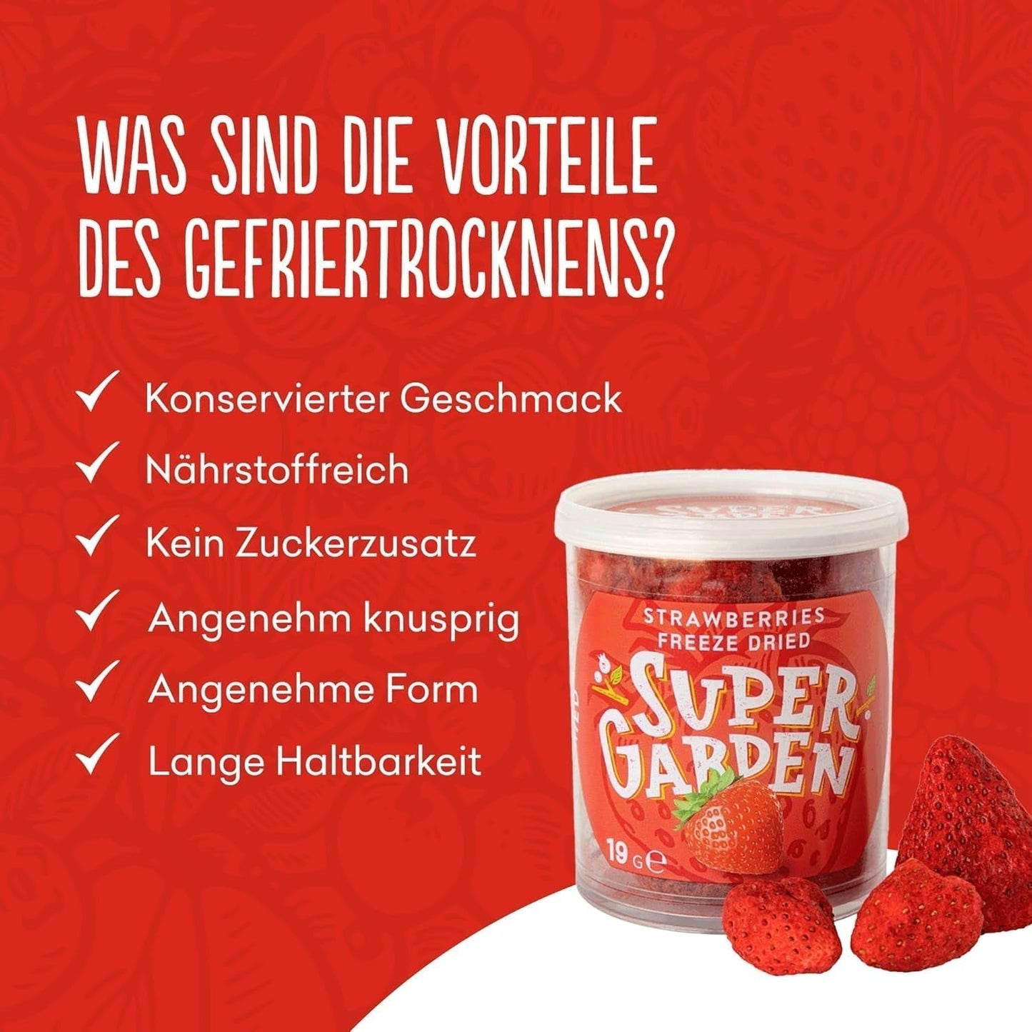 Super Have frysetørrede jordbær | Lækker og 100% ren frysetørret frugt | Hele tørrede jordbær til sunde snacks eller bagning | Frysetørrede jordbær 19g Naty Shop dehydrerede produkter