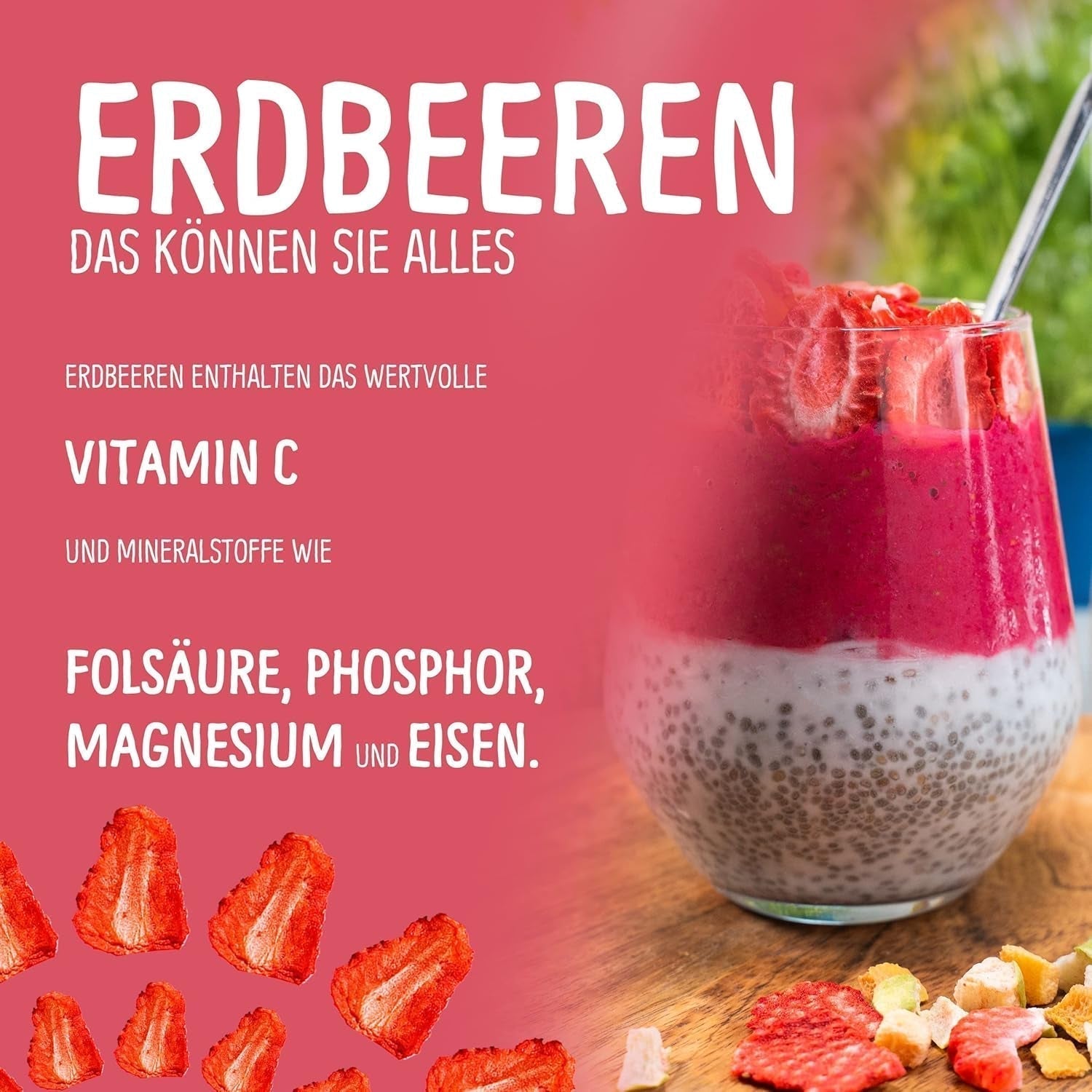 Økologiske frysetørrede jordbær: 70 g tørrede jordbær til smoothieskåle, müsli, grødtoppinger - frysetørrede bær uden tilsat sukker - frysetørrede jordbær - NutriPur frugter Tørrede produkter Naty Shop
