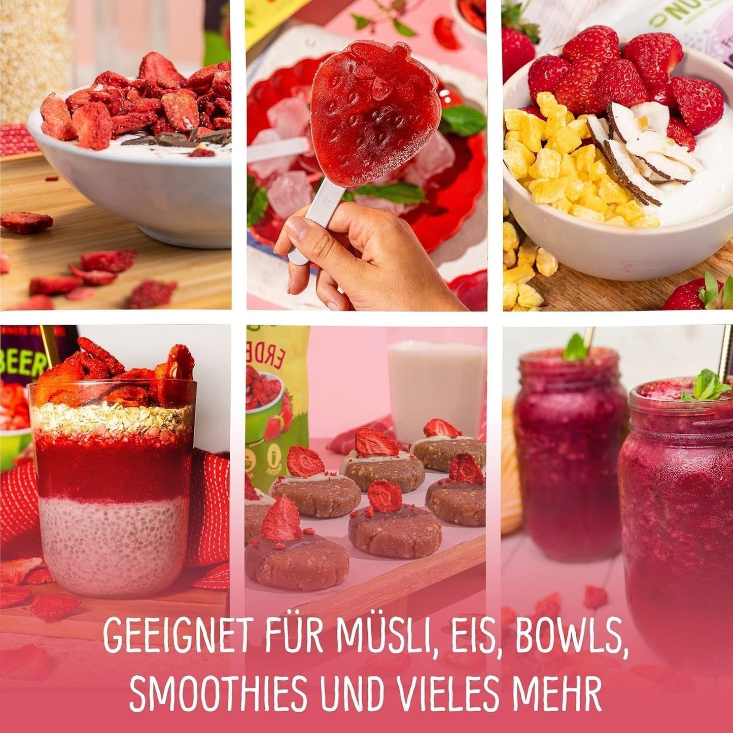 Økologiske frysetørrede jordbær: 70 g tørrede jordbær til smoothieskåle, müsli, grødtoppinger - frysetørrede bær uden tilsat sukker - frysetørrede jordbær - NutriPur frugter Tørrede produkter Naty Shop