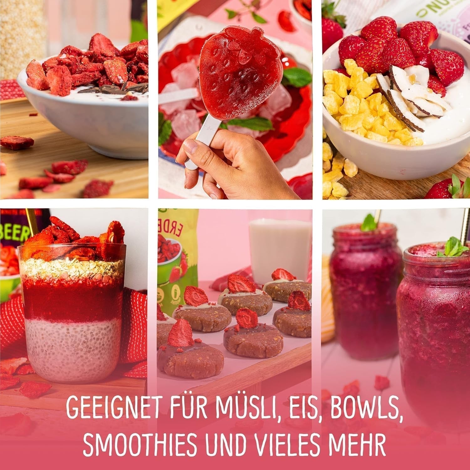 Økologiske frysetørrede jordbær: 70 g tørrede jordbær til smoothieskåle, müsli, grødtoppinger - frysetørrede bær uden tilsat sukker - frysetørrede jordbær - NutriPur frugter Tørrede produkter Naty Shop