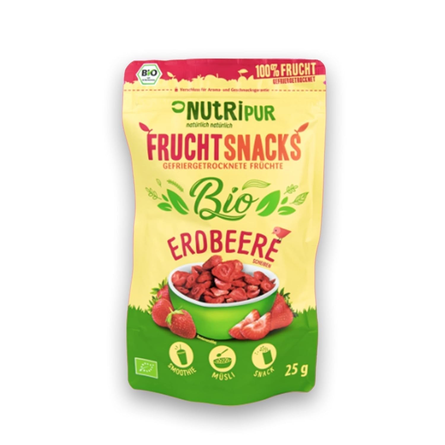 Økologiske frysetørrede jordbær: 70 g tørrede jordbær til smoothie bowls, müsli, grød toppings - frysetørrede bær uden tilsat sukker - frysetørrede jordbær - NutriPur frugter Dehydrerede produkter Naty Shop Standard titel