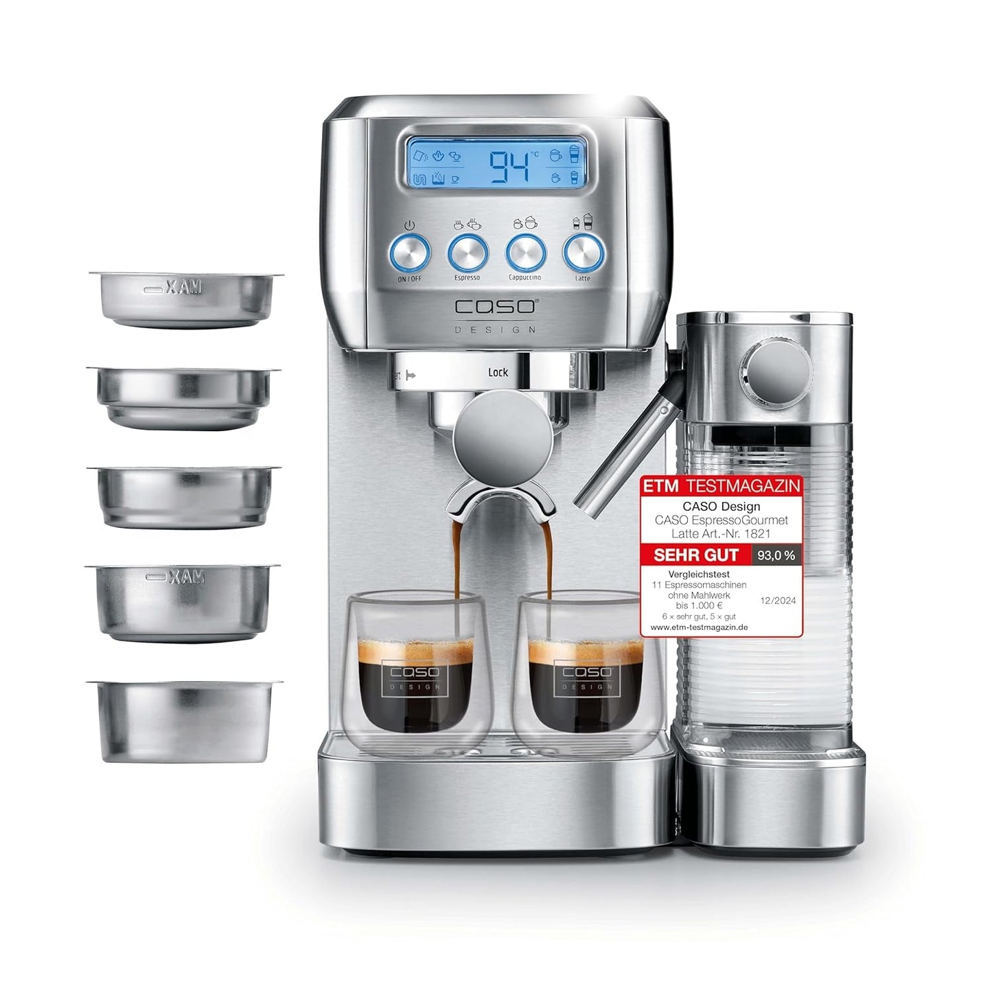 CASO EspressoGourmet Crema - Portafilter espressomaskine med mælkeskummer, espresso, cappuccino, rustfrit stål portafilter, ULKA 20 bar pumpe, kaffemaskine, malet kaffe, ESE kapsler