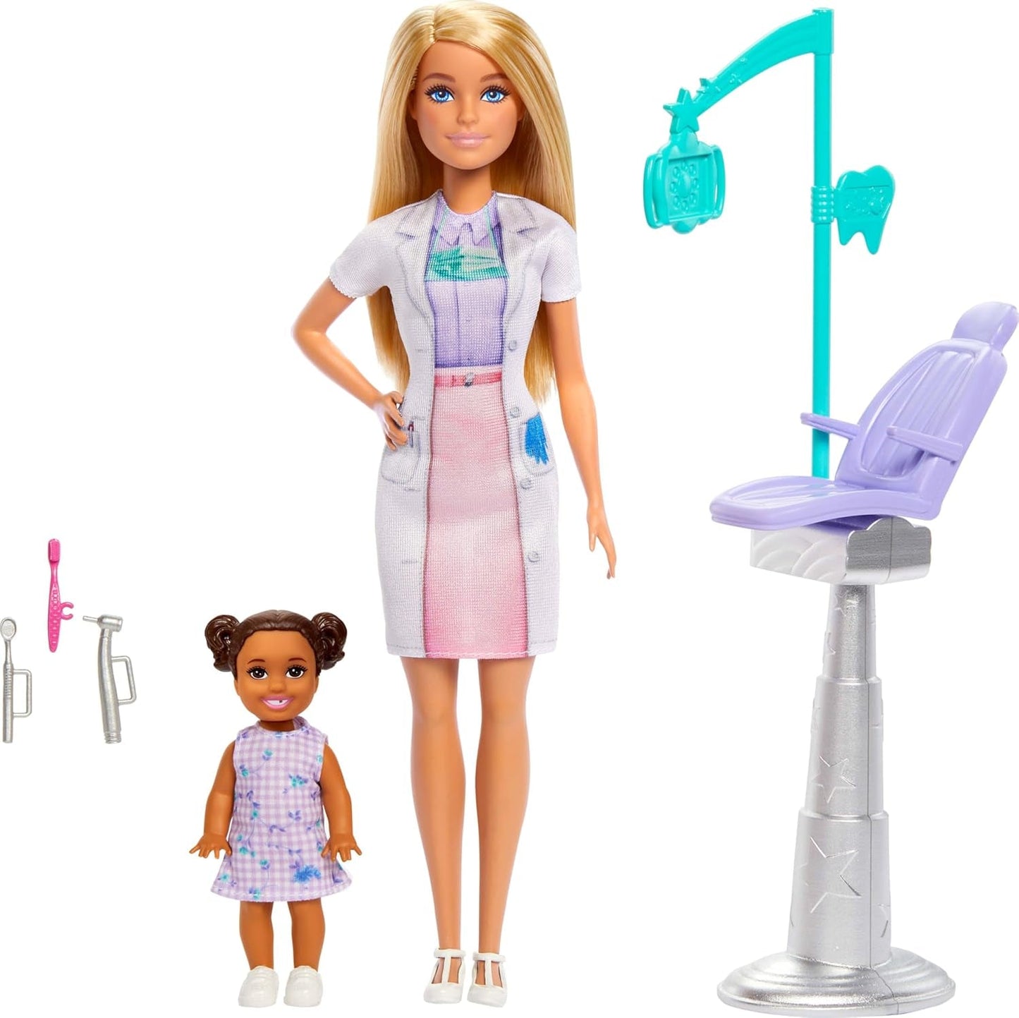 Barbie-tandlægedukke, modedukke med blondt hår, blå kjole og laboratoriefrakke, 1-barnsdukke, eksamenstilbehør og diverse tilbehør, JCR74