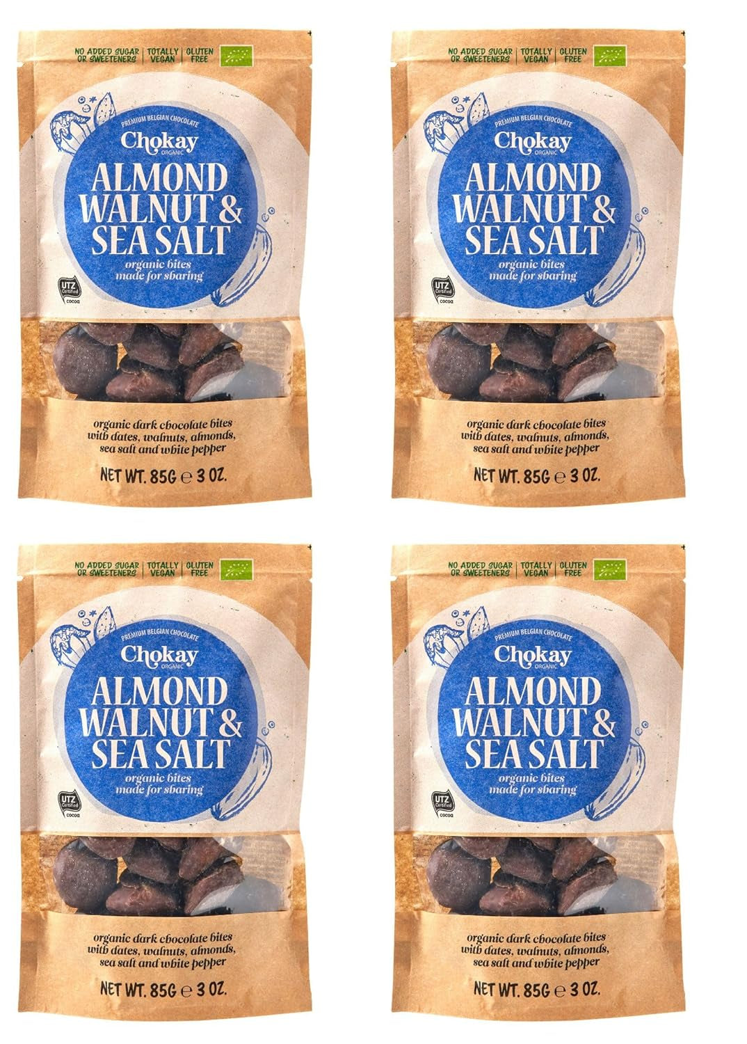 Sæt med 4 økologiske bid - kanelmandler/kanelmandler i belgisk mørk chokolade/ingen tilsat sukker, ingen sødemidler/VEGAN & FAIR TRADE / 4 x 85g
