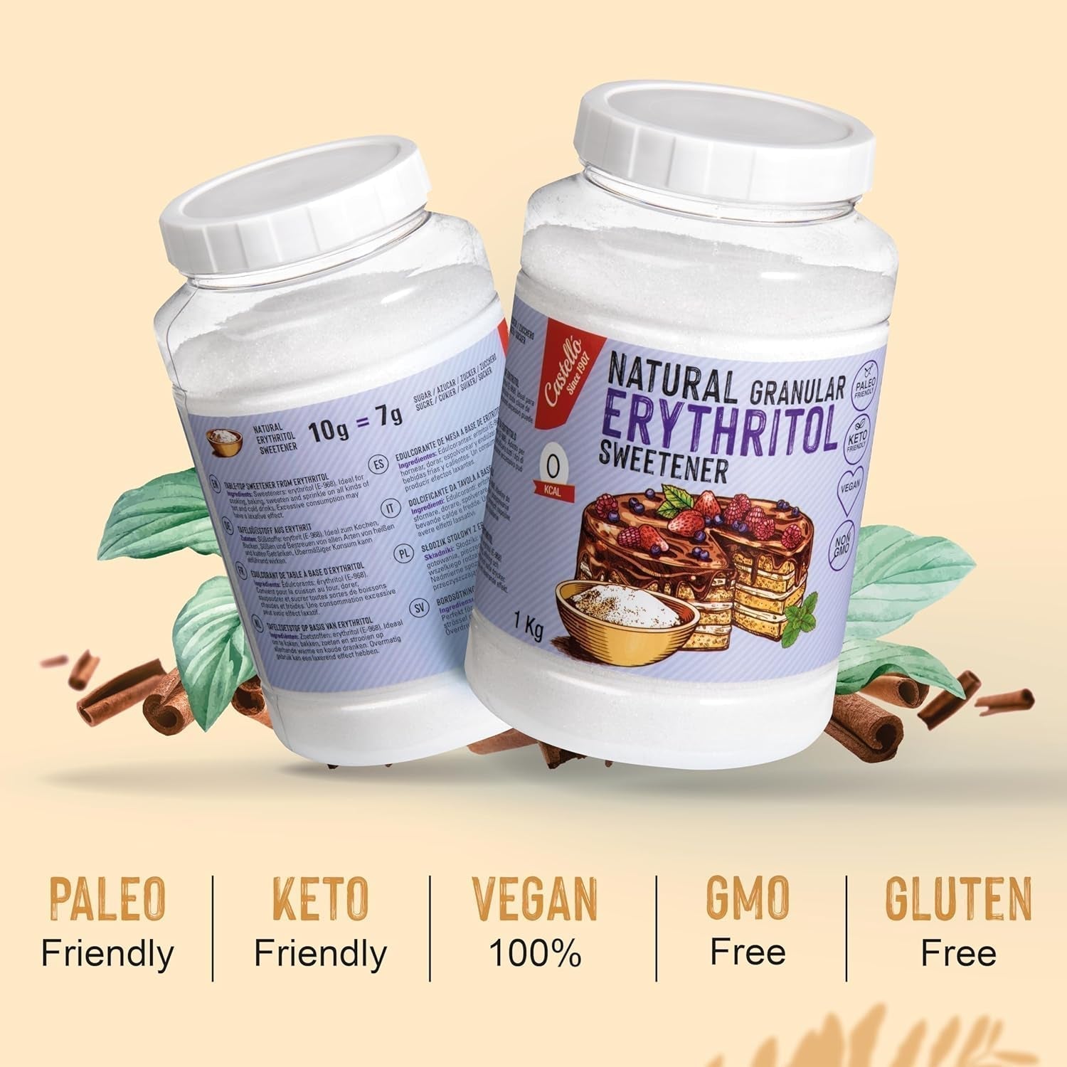 Natürliches Erythrit - Kristallzucker | 10G = 7G Zucker | Natürlicher Zuckerersatz - 0 Kalorien - 0 Glykämischer Index - Keto Und Paleo - 0 Netto-Kohlenhydrat - Kein GVO - Castello siden 1907-1Kg Sødemidler Naty Shop
