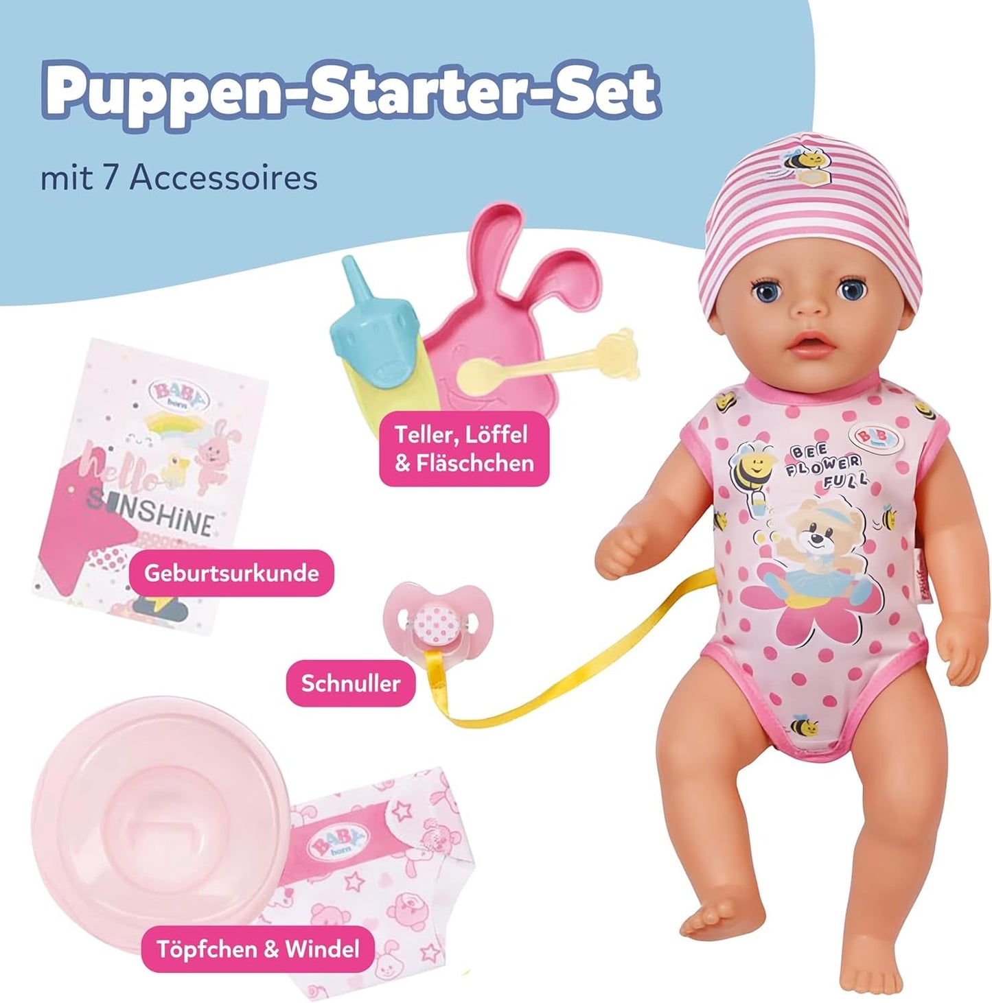 BABY Born Lena (Pige) - babydukke 36 cm - 7 funktioner inklusive tilbehør og madras - Fungerer helt uden batterier - Velegnet til små børn fra 1 år