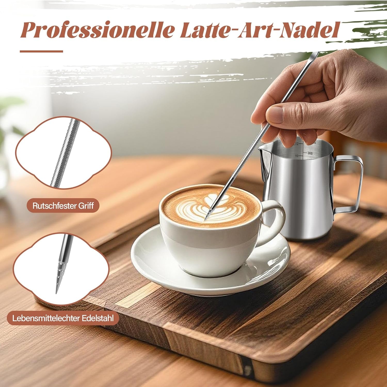 Mælkekrus, 350 ml Mælkekrus i rustfrit stål med målemærke, Barista-tilbehør, Mælkekrus til Cappuccino, Espresso, Latte Art, Kaffeelskere, Sølv, 355ml