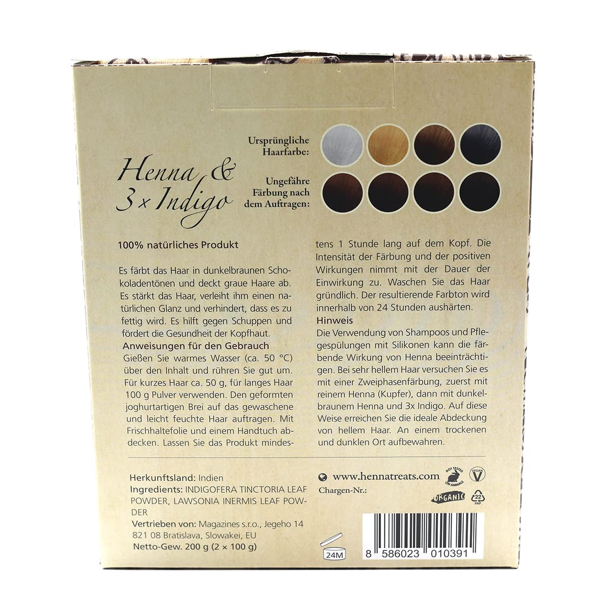 Henna & 3×Indigo - Mørk kastanje - Naturlig hårfarve - Pulver - 200g Hårfarve Naty Shop