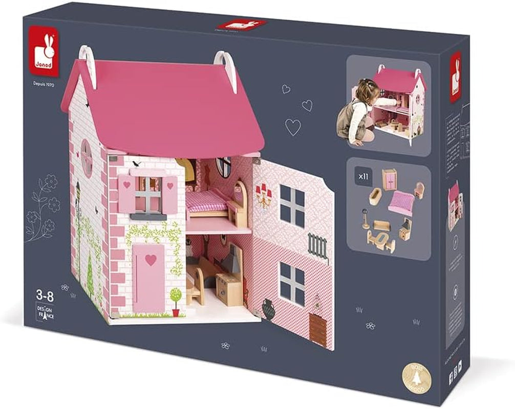 Janod - Mademoiselle dukkehus i træ, 3 etager og 11 tilbehør, kopilegetøj, udvikler fantasi, i alderen 3+, J06581, Pink Naty Shop dukkehuse
