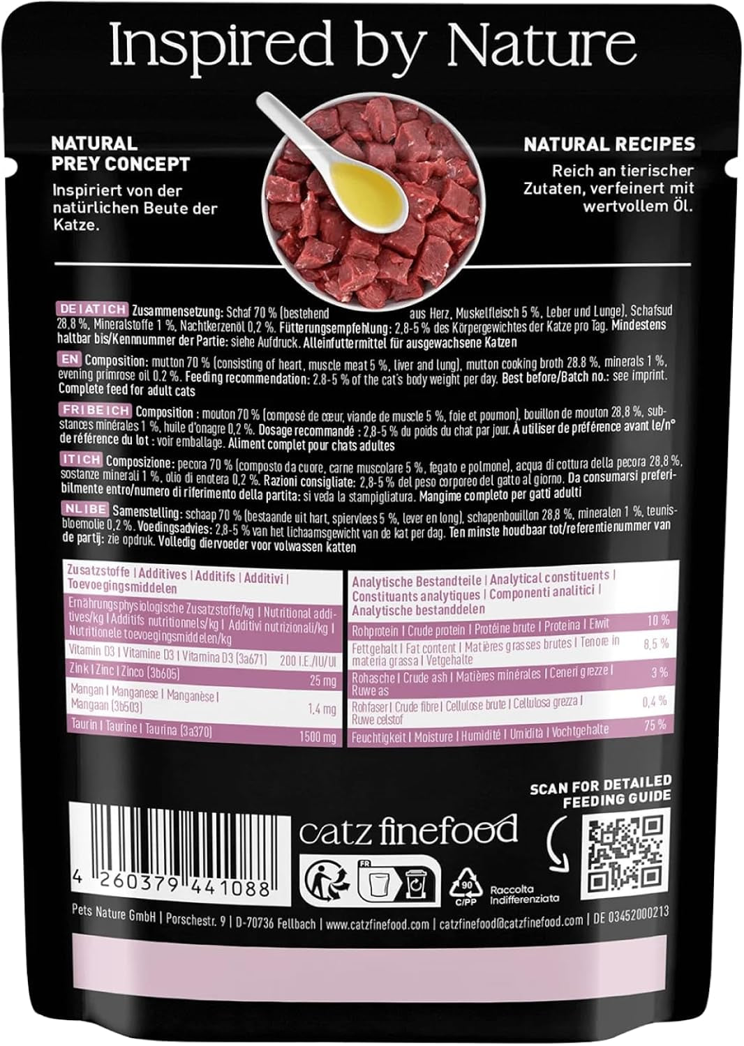 Vådfoder til katte Catz Finefood Purrrr Får Monoprotein no. 113, til katte med følsom fordøjelse, 70% kødindhold, 16 poser á 85 g hver