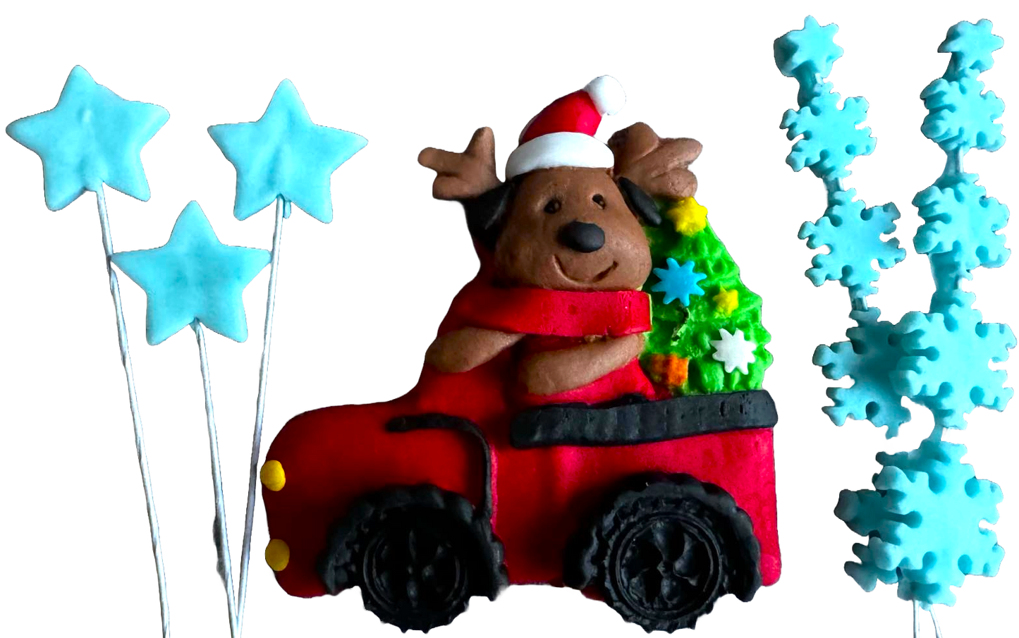 Sæt med 6 spiselige sukkerpasta-dekorationer, jul, bil, bamse, stjerner og snefnug Sukkerpasta-dekorationer Naty Shop