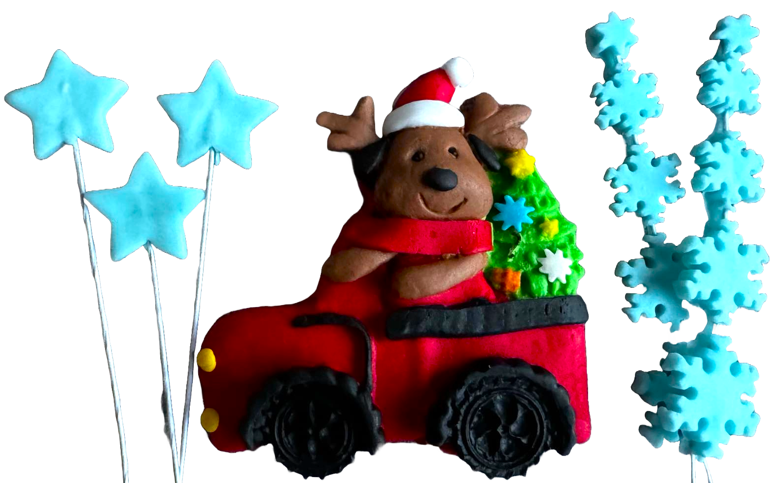 Sæt med 6 spiselige sukkerpasta-dekorationer, jul, bil, bamse, stjerner og snefnug Sukkerpasta-dekorationer Naty Shop