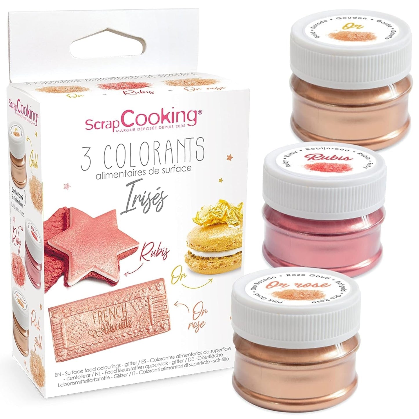 Scrapcooking - Sæt med 3 metallisk madfarve - Madfarve: guld, rosaguld og rubin - spiselig madfarve til bagning, kager, småkager, kager, chokolade - 4019