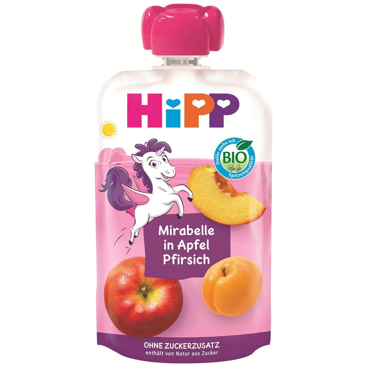 HiPP Bio Quetschie Mirabelle i Apfel-Pfirsich - Ellis Einhorn (8 x 100 g), ab 1 Jahr, 100% Fruchtpüree, ohne Zuckerzusatz, vegansk, i bedre bio-kvalitet
