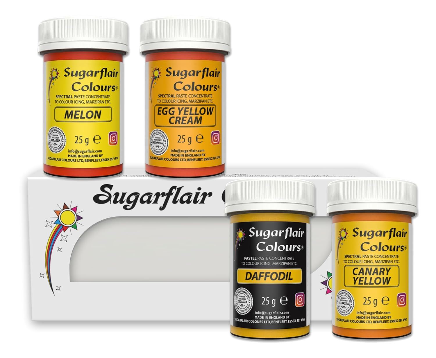 Sugarflair Pasta Madfarve Gul Sæt med 4 Pasta Mad Farve Fondant Marcipan Sugar Pasta Smørcreme og mere: Påskelilje Canary Yellow Creme Æg Melon Sæt med 4