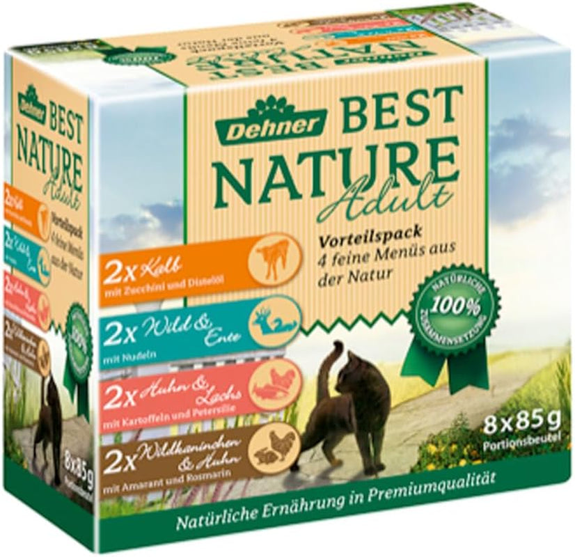 Dehner Best Nature Katzenfutter Multipack, Nassfutter, für ausgewachsene Katzen, er 2 x Kalb / Wild / Huhn / Kaninchen, 8 x 85 g taske (680 g)