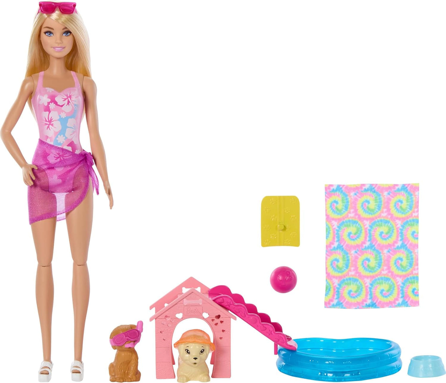 Barbie Puppy Pool Party Legesæt med modedukke, hundehus og rutsjebane, hjertepool, 2 hundefigurer, 6 tilbehør og farveskifter, JBF35