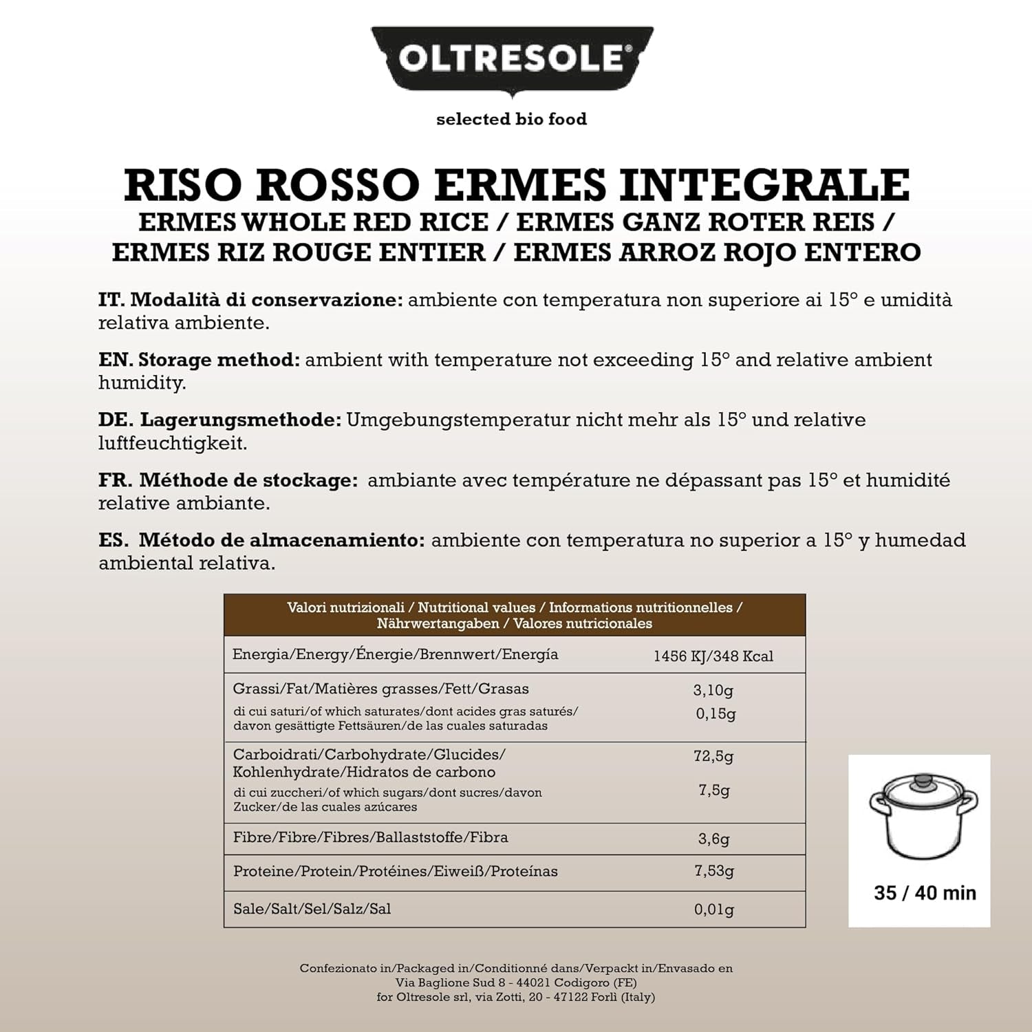 Italiensk fuldkornsris, fiberrig uraffineret ris, ideel til kreative rissalater og sunde retter, vakuumpakket, 4 pakker x 500 g