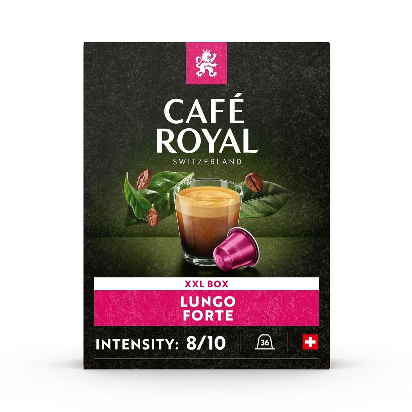 Café Royal Lungo Forte 36 Kapsel til Nespresso Kaffemaskine - 8/10 Intensitet - UTZ-certificeret Kaffeekapsel af Aluminium (Packung med 2)
