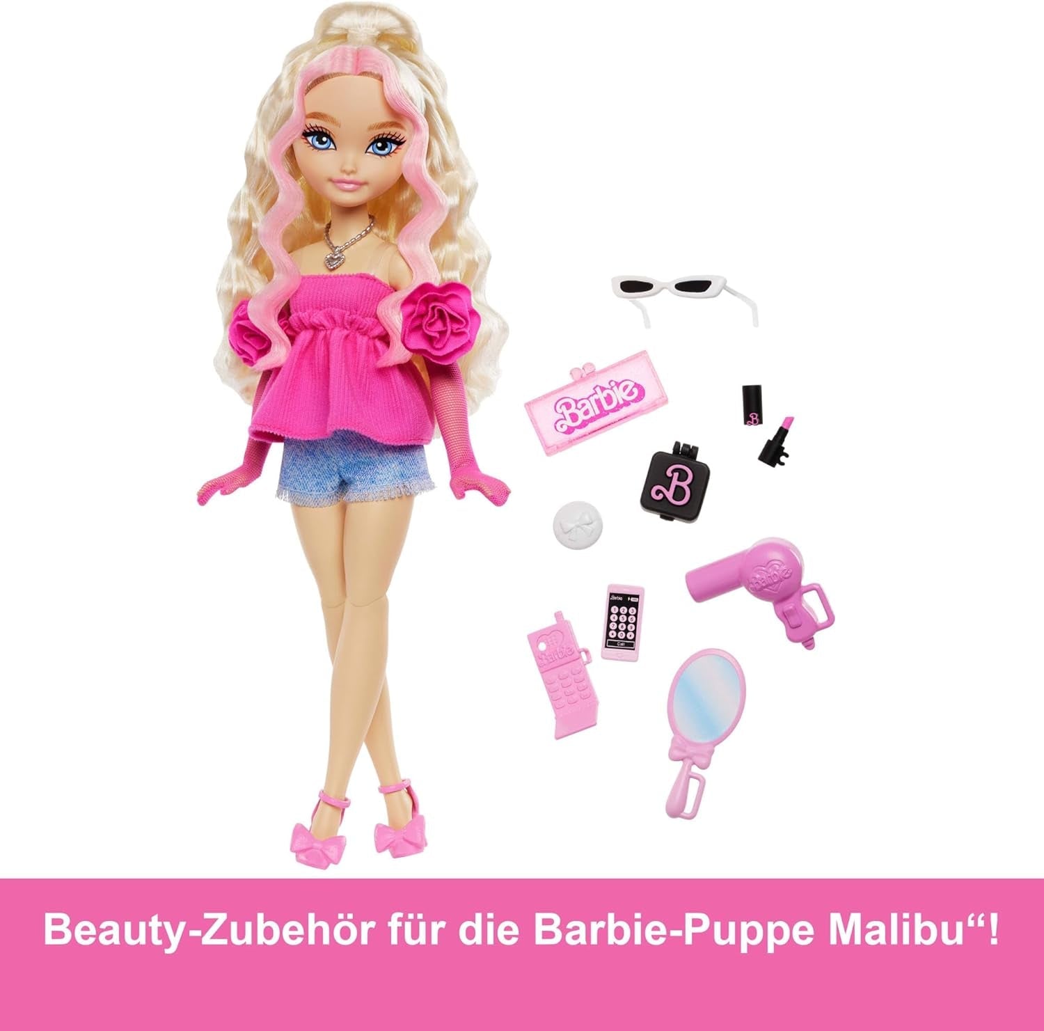 Barbie Dream Besties Puppe og tilbehør, bewegliche Barbie Malibu“ Modepuppe mit welligem blonde Haar, 11 Teile zum Thema Make-up og Haar, HYC21