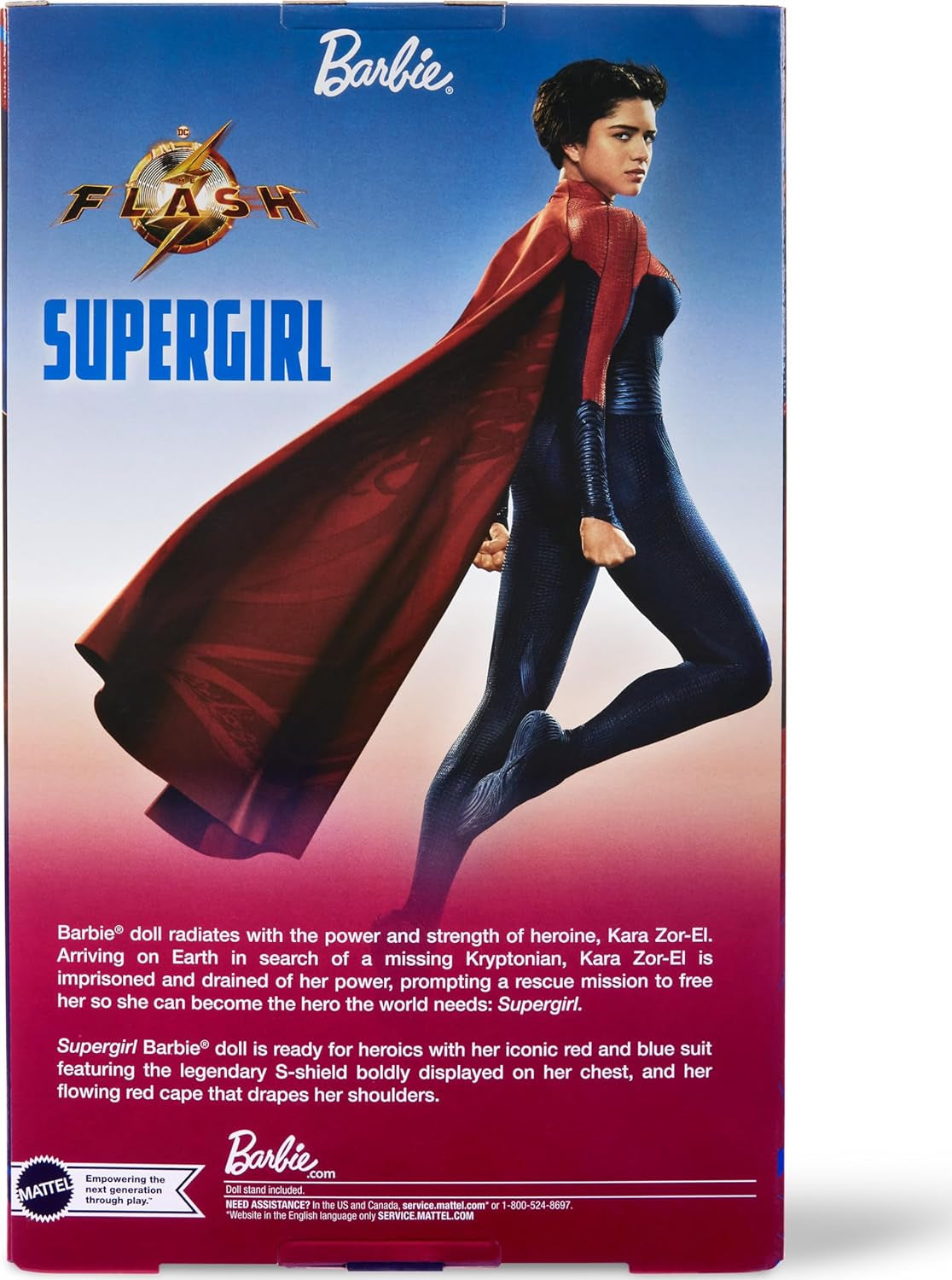 Barbie Supergirl Puppe, Sammlerpuppe fra dem Flash Movie Wearing Red and Blue Anzug mit Umhang, Puppenständer enthalten
