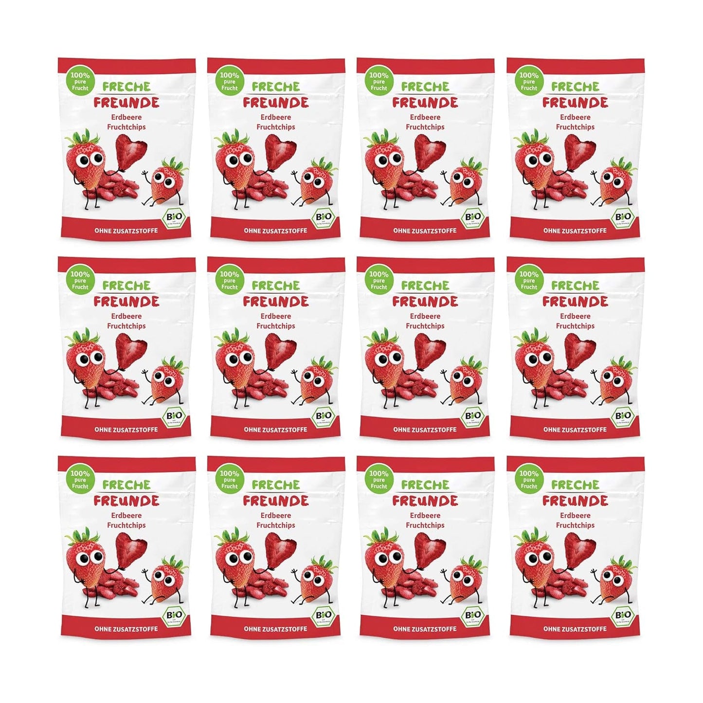 100 % Jordbær økologiske frugtchips frysetørrede jordbærchips Pakke med 12 (12 x 12 g) og sprøde hjerter Banan & Jordbær økologisk børne- og babysnack (9 x 30 g) 270 g