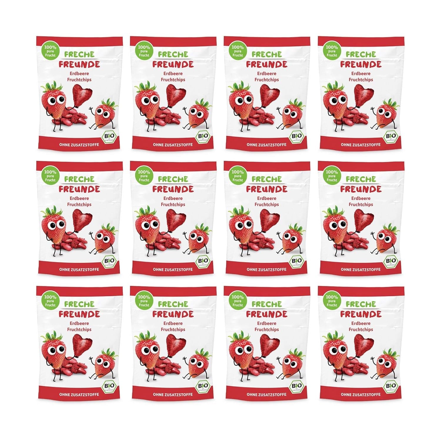 100 % Jordbær økologiske frugtchips frysetørrede jordbærchips Pakke med 12 (12 x 12 g) og sprøde hjerter Banan & Jordbær økologisk børne- og babysnack (9 x 30 g) 270 g