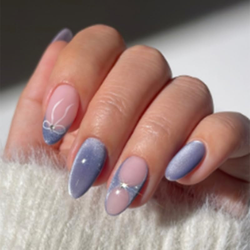 Moonglow korte magnetiske falske negle, pink mandelrød gradient glitter katteøje med lim, pink rød ombre glitter fototerapi kunstige negle til kvinder og piger