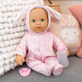 Bayer Design 93822AA Babypuppe Anna, spricht 24 Babylaute, weicher Körper, Schlafaugen, Schnuller, Flasche, 38 cm, rosa, Lille