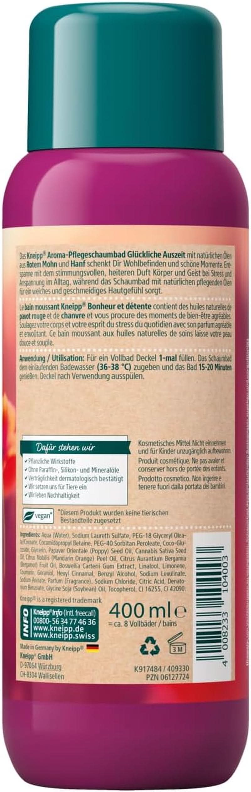 Kneipp Aroma, badeplejeskum Happy Time Out - med naturlige røde valmue- og hampolier, 400 ml Naty Shop