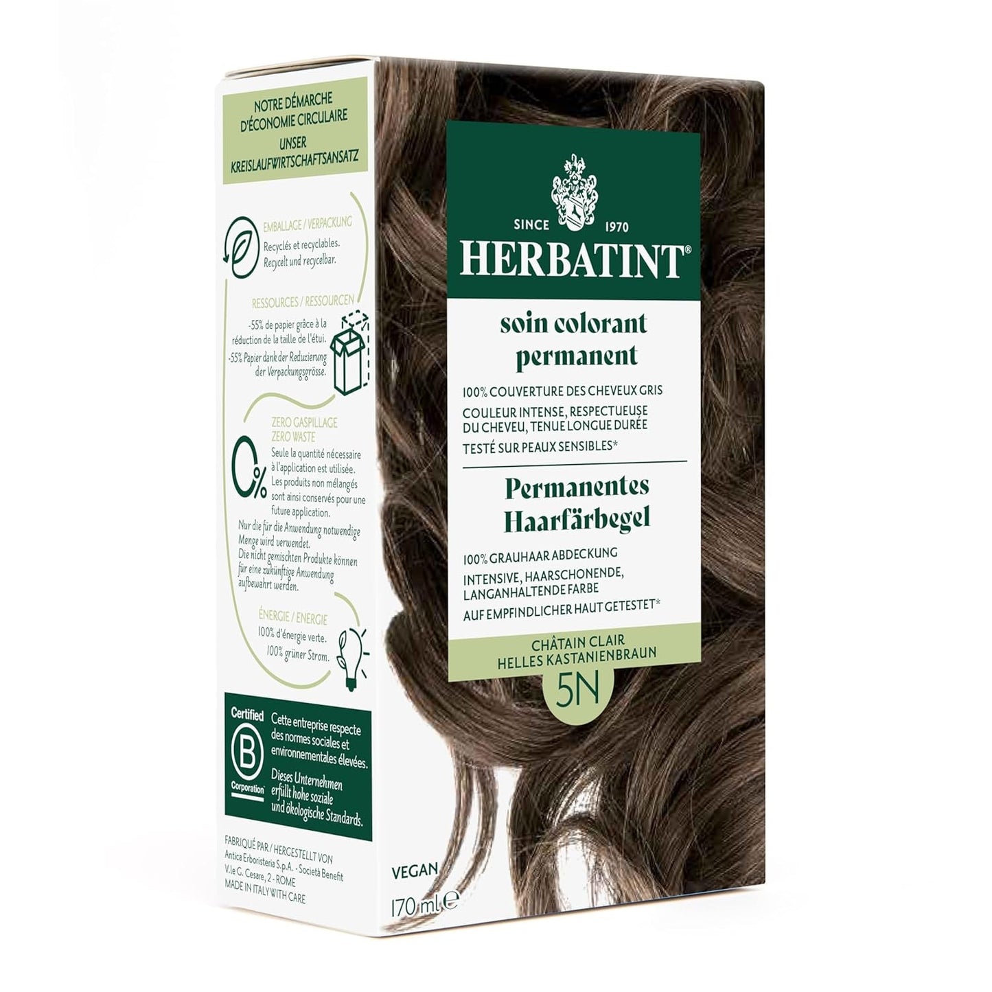 Permanent hårfarvegel 6N mørkeblond - 170 ml I Ammoniakfri, 100% dækning af gråt hår I Testet på følsom hud, med 8 planteekstrakter Hårfarve Naty Shop 5N Lys kastanje