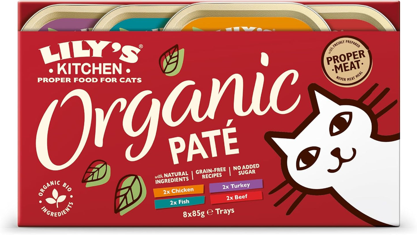 Lily's Kitchen Naturlig ingrediens Våd voksen kattefoder Multi-bakke pakke Økologisk pletfri korn 4 x (8 x 85 g)