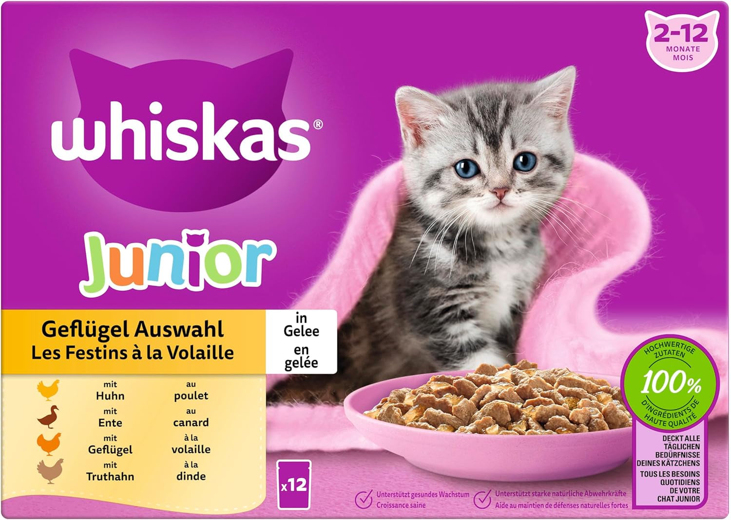 WHISKAS Junior vådfoderposer, multipakke, udvalg af fjerkrækød i gelé, 12 x 85 g