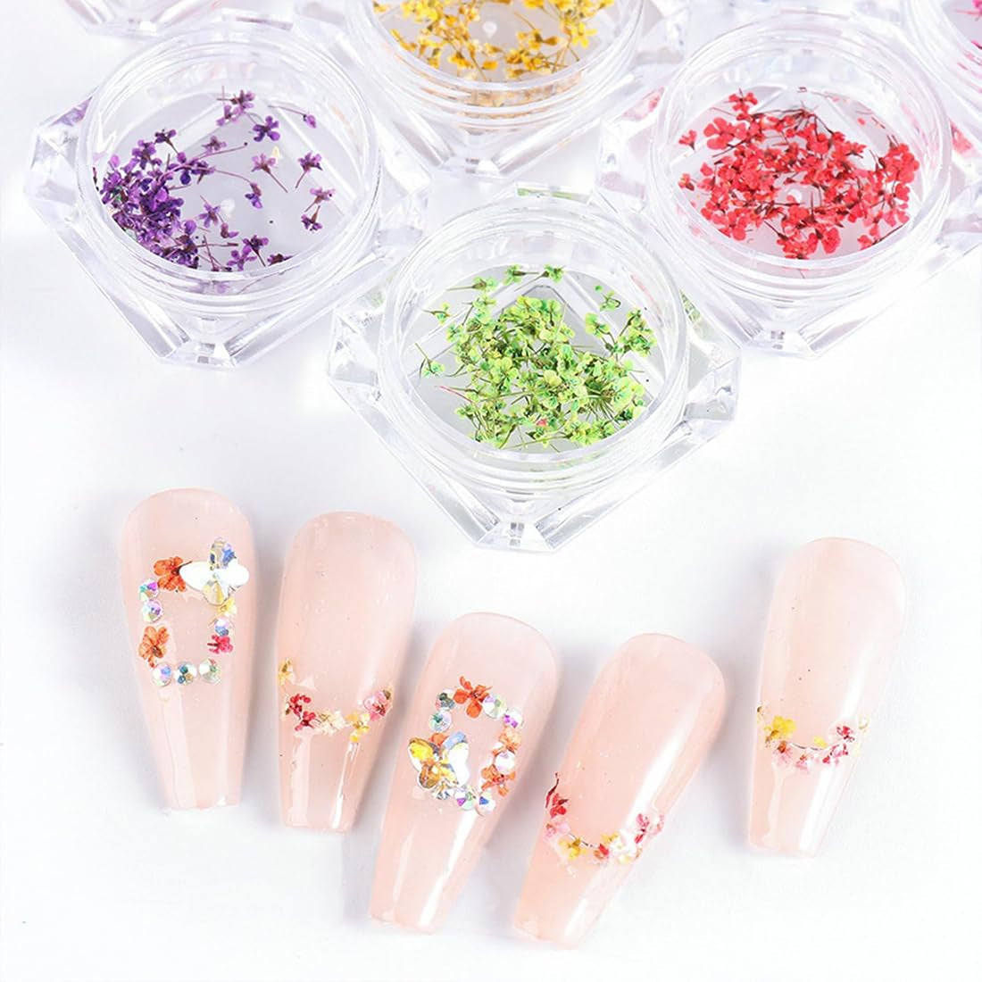 EYVRPAU 6 Stück Nail Art Flowers Set Decoration, Gelnägel Zubehör 6 Farben, Nail Art Aufkleber Trockene Blumen Kit Getrocknete Blumen Zubehör Set DIY Nageldekoration