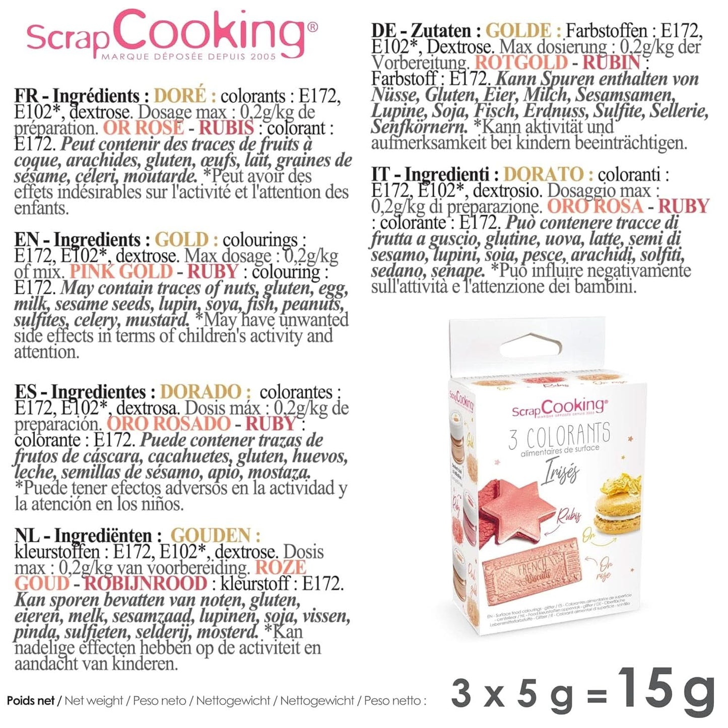 ScrapCooking, Sæt med 3 madfarver, Guld, Rose-Guld og Ruby, metalliske nuancer, 3 x 5 gram Naty Shop