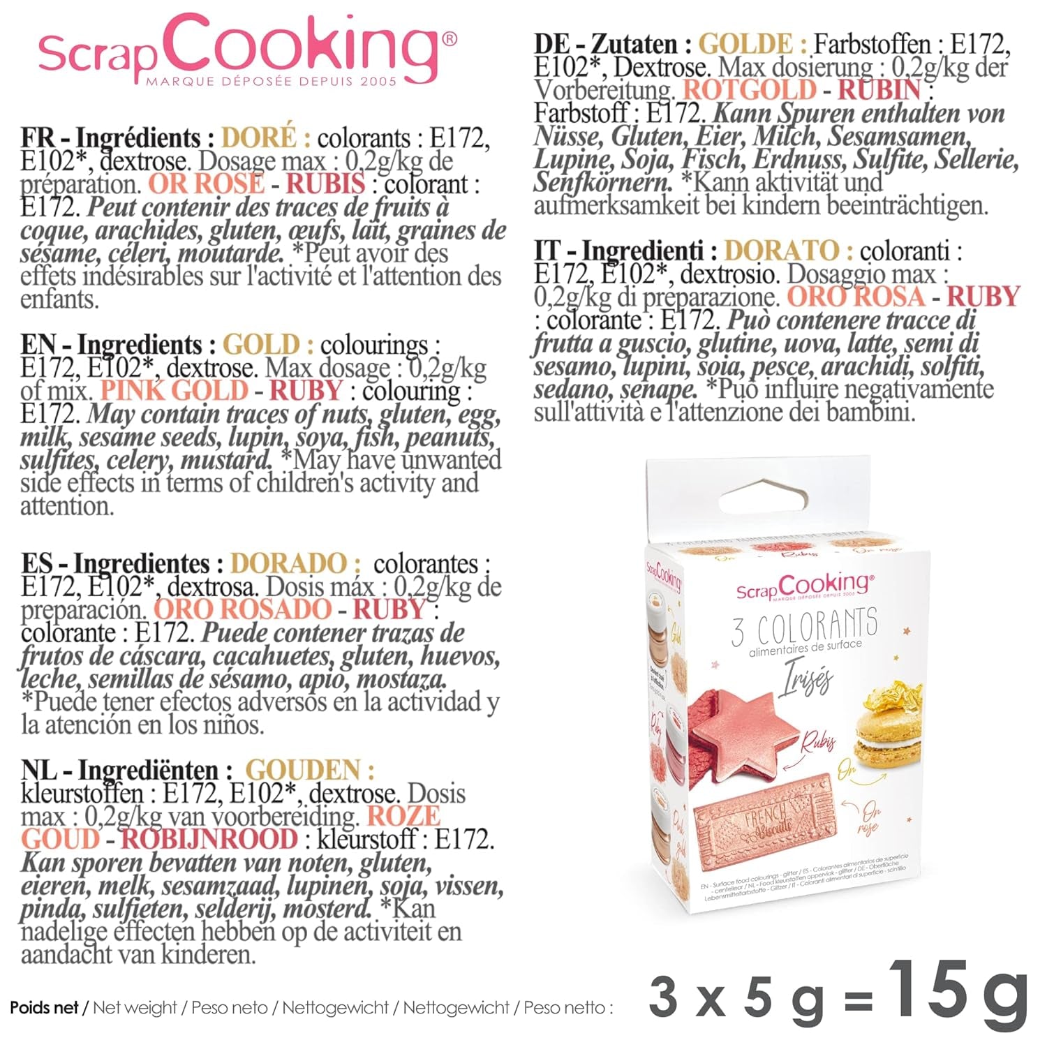 Scrapcooking - Sæt med 3 metallisk madfarve - Madfarve: guld, rosaguld og rubin - spiselig madfarve til bagning, kager, småkager, kager, chokolade - 4019