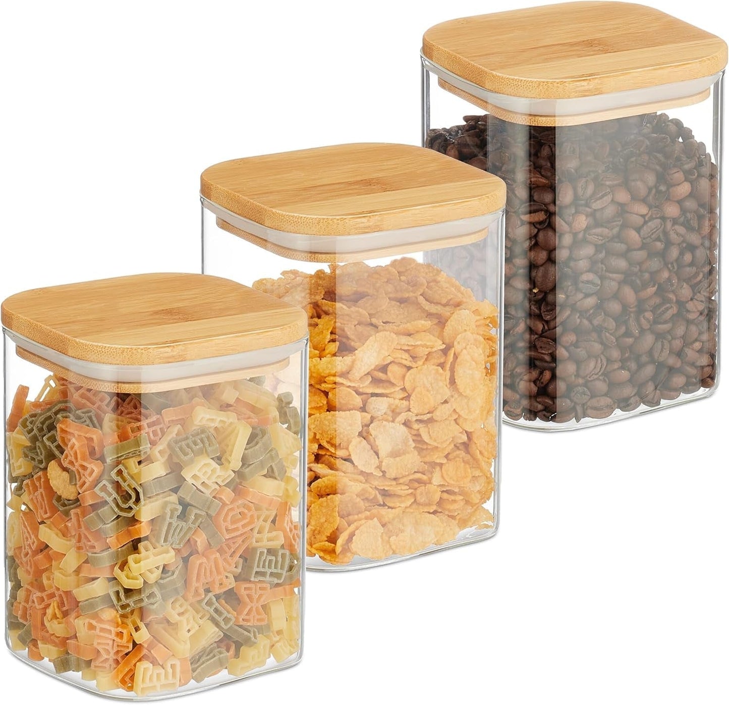 Relaxdays opbevaringskrukker med bambuslåg Sæt med 3 firkantede glaskrukker 900 ml Lækagesikre klare/naturlige madopbevaringskasser Naty Shop Standardtitel