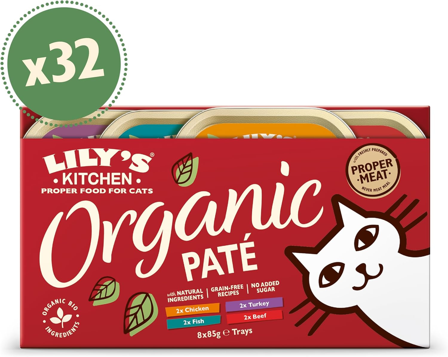 Lily's Kitchen Naturlig ingrediens Våd voksen kattefoder Multi-bakke pakke Økologisk pletfri korn 4 x (8 x 85 g)