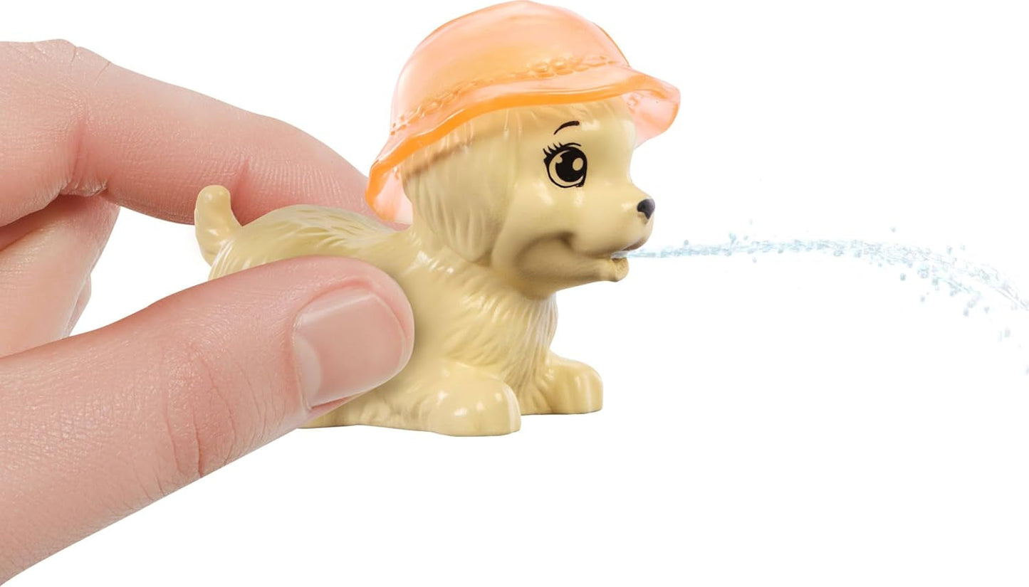 Barbie Puppy Pool Party Legesæt med modedukke, hundehus og rutsjebane, hjertepool, 2 hundefigurer, 6 tilbehør og farveskifter, JBF35