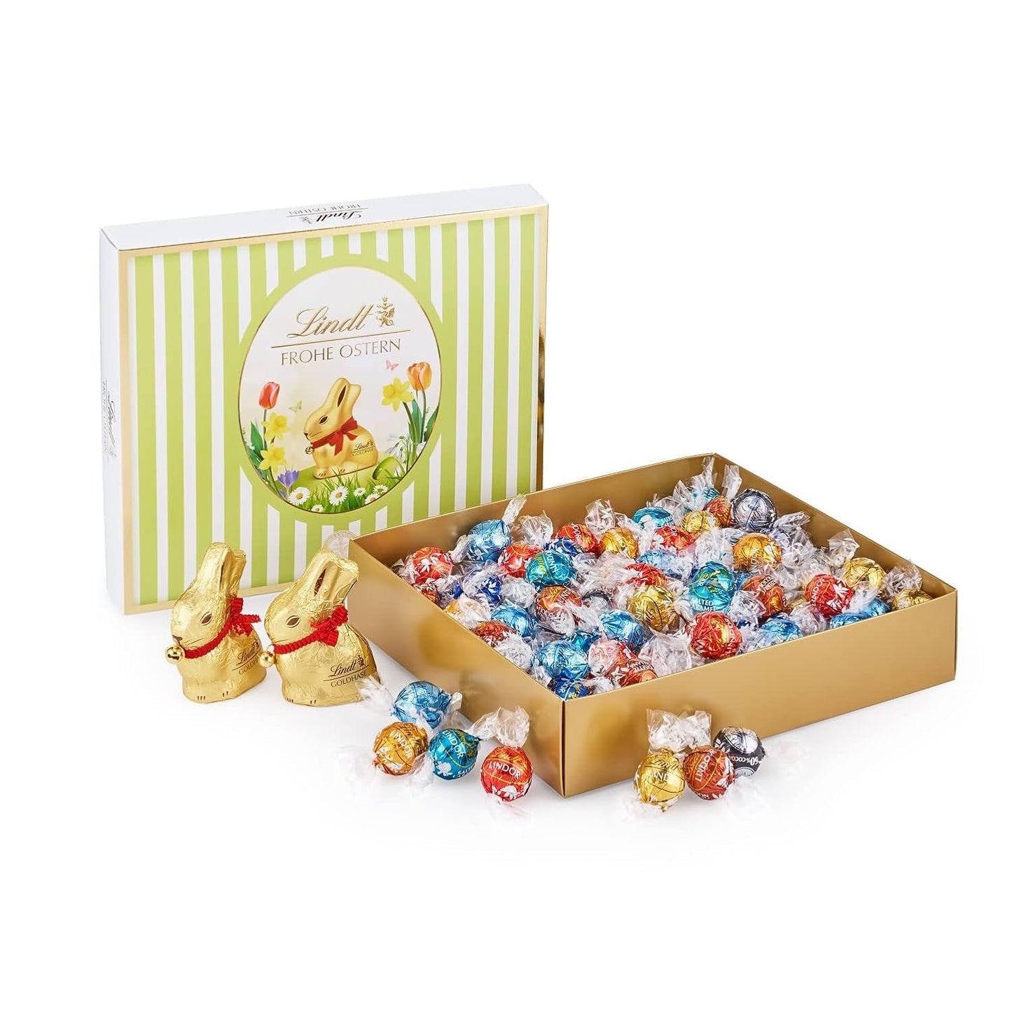 Påske Variety Pack Lindt Chokolade LINDOR | 1,2 kg | 2 GULD BUNNY Mælkechokolader og 8 LINDOR-varianter: Mælkechokolade, Noisette, Mørk, Hvid, Sort 60%, Karamel, Saltet Karamel, Stracciatella | Påskechokolade | Påskeharen