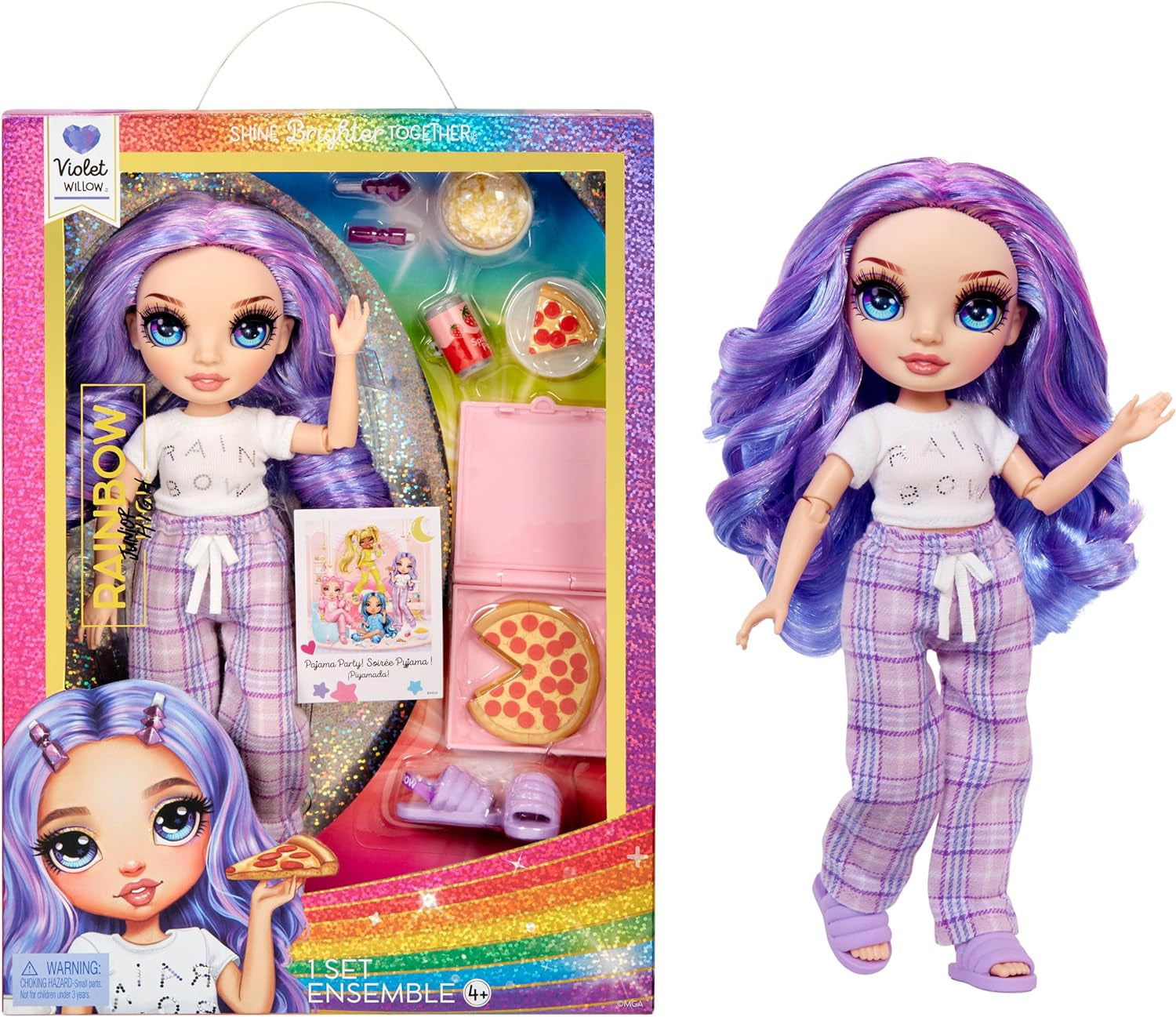 Rainbow High Junior High PJ Party Doll - Violet - 22 cm med blød jumpsuit, hjemmesko og legetilbehør - Børnelegetøj - Ideel til 4-12 år