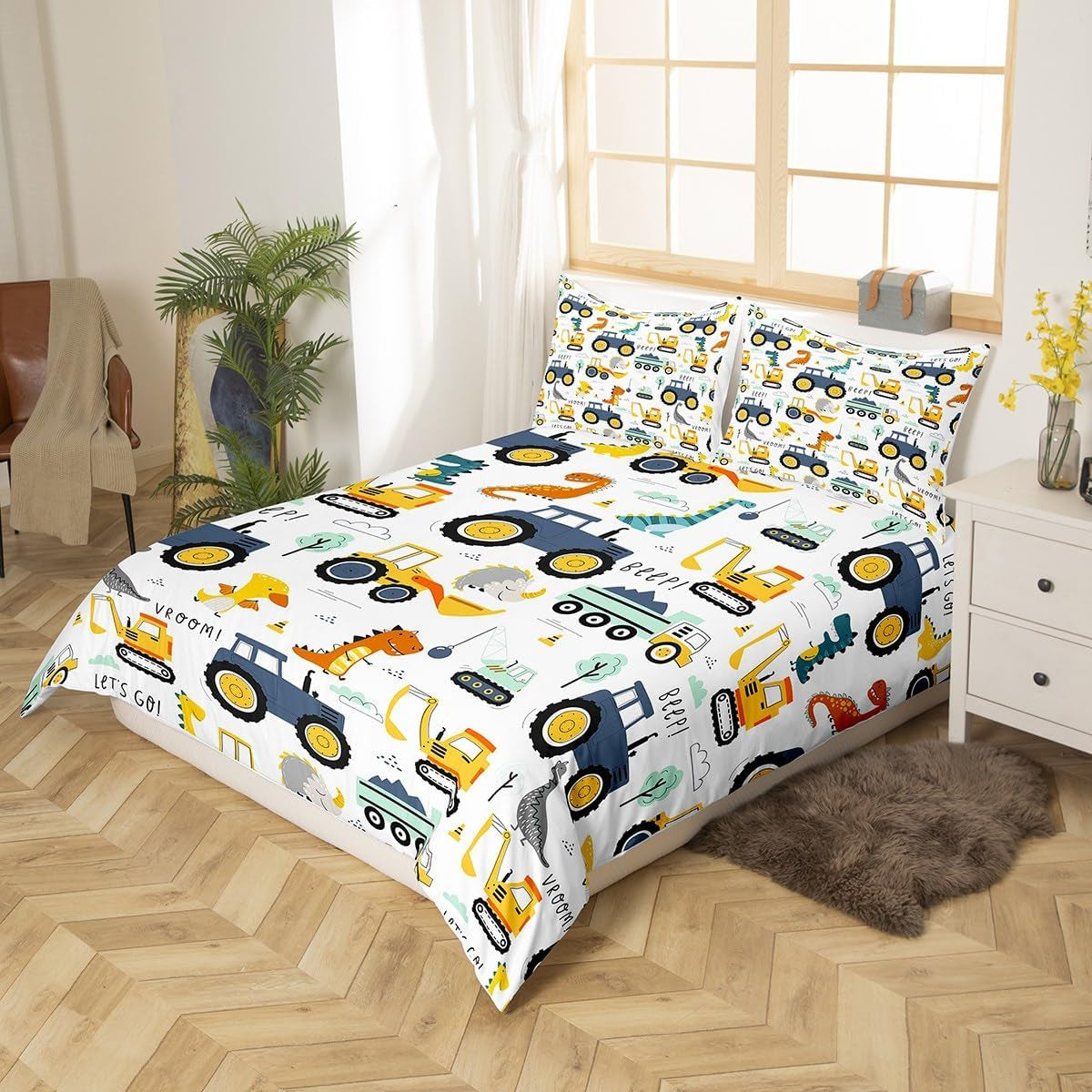 Jungen Cartoon Car Sengetøj Sæt 135X200,Kinder Bau Fahrzeuge Tröster Abdeckung Für Kind Kleinkind Teens,Dinosaurier Bettbezug,Traktor Maschinerie Bagger Bettdecke Abdeckung,Lkw Autos Bettdecke Naty Shop
