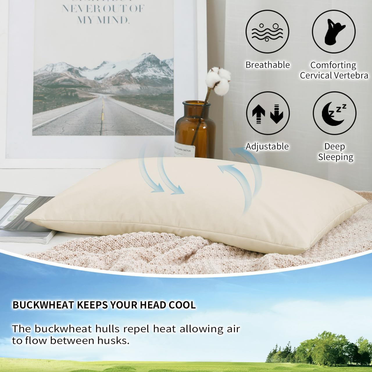 LOFE Økologisk Boghvede Sovepude 14" X 20" Justerbar åndbar Cool Sleep cervikal støtte til ryg- og sidesveller (tartarisk boghvedeskrog) Naty Shop Standardpuder