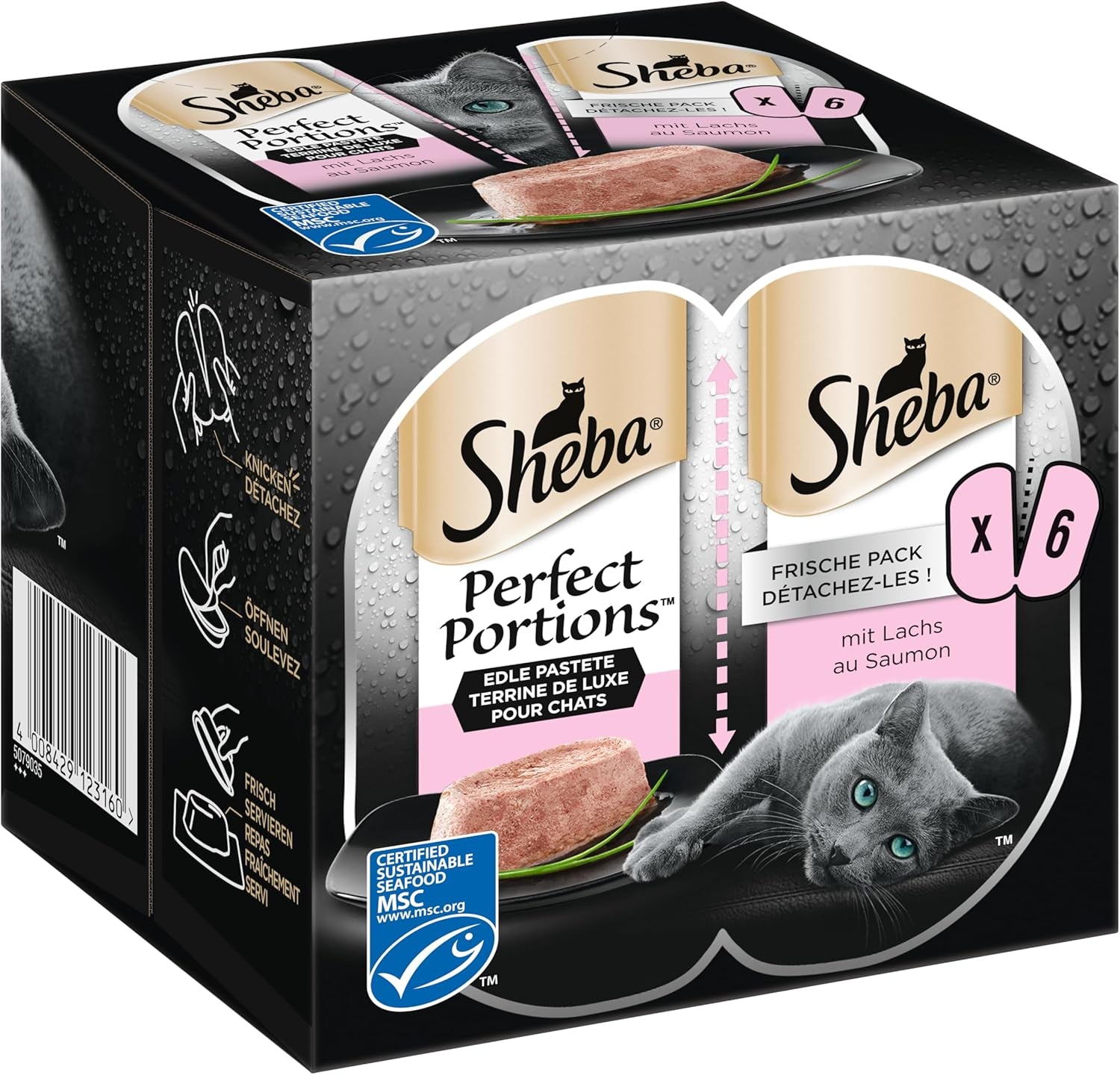 SHEBA Perfect PORTIONS pate til katte med laks, MSC certificeret, 8 x 3 x (2 x 37,5g) = 225g (Emballage vil blive opdateret)